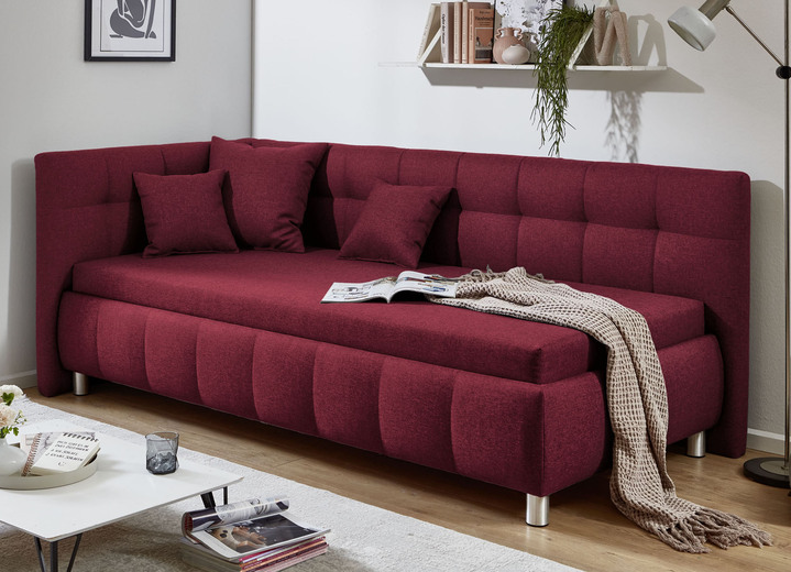 Schlafsofas - Studioliege mit Kissen-Set, 3-teilig, und Bettkasten, in Farbe ROT, in Ausführung Kopfteil links, mit Federkern-Festpolsterung Ansicht 1