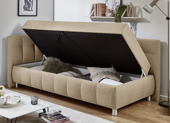Schlafsofas - Studioliege mit Kissen und Bettkasten, in Farbe BEIGE, in Ausführung Kopfteil links, mit Federkern-Festpolsterung Ansicht 2