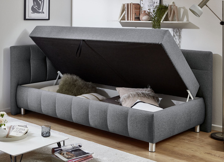 Schlafsofas - Studioliege mit Kissen und Bettkasten, in Farbe BEIGE, in Ausführung Kopfteil links, mit Federkern-Festpolsterung Ansicht 4