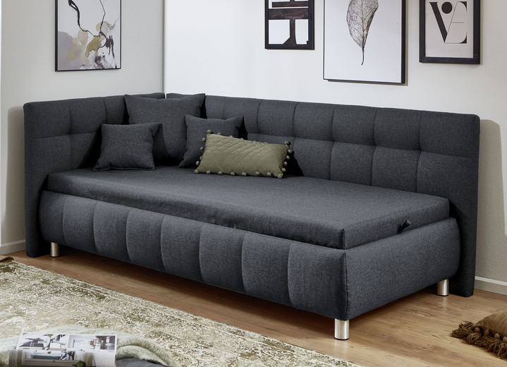 Schlafsofas - Studioliege mit Kissen-Set, 3-teilig, und Bettkasten, in Farbe ANTHRAZIT, in Ausführung Kopfteil links, mit Bonnellfederkern-Matratze Ansicht 1