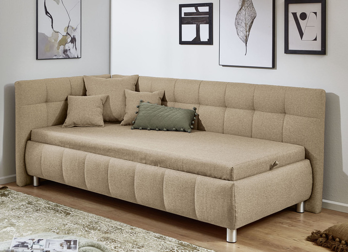 Schlafsofas - Studioliege mit Kissen und Bettkasten, in Farbe BEIGE, in Ausführung Kopfteil links, mit Federkern-Festpolsterung Ansicht 26