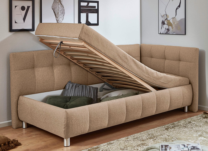 Schlafsofas - Studioliege mit Kissen und Bettkasten, in Farbe BEIGE, in Ausführung Kopfteil links, mit Federkern-Festpolsterung Ansicht 40