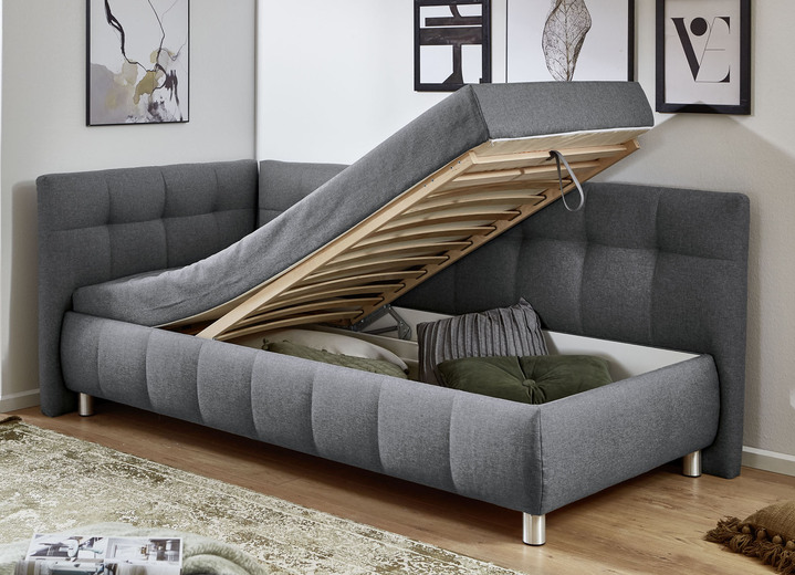 Schlafsofas - Studioliege mit Kissen und Bettkasten, in Farbe BEIGE, in Ausführung Kopfteil links, mit Federkern-Festpolsterung Ansicht 22