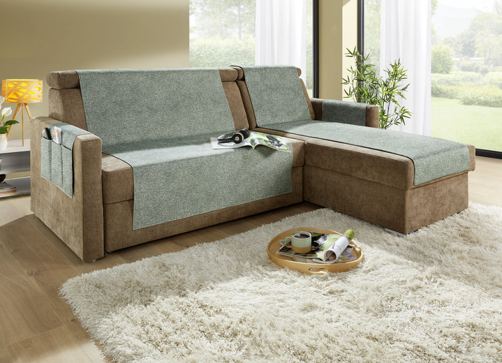 Sessel- & Sofaüberwürfe - Wohnaccessoires mit gekettelten Abschlüssen in Melange-Optik, in Größe 101 (Sesselschoner, 50x140 cm) bis 865 (2 Armlehnenschoner, 38x 55 cm), in Farbe GRÜN Ansicht 1