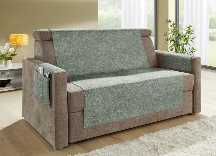Sessel- & Sofaüberwürfe - Wohnaccessoires mit gekettelten Abschlüssen in Melange-Optik, in Größe 101 (Sesselschoner, 50x140 cm) bis 865 (2 Armlehnenschoner, 38x 55 cm), in Farbe GRÜN Ansicht 3