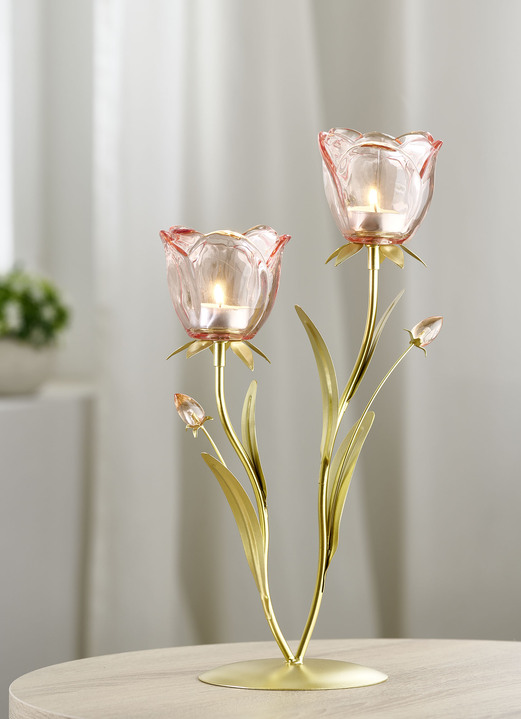Wohnaccessoires - Eleganter Teelichthalter mit Gläser in Rosenform, in Farbe ROSA-GOLD