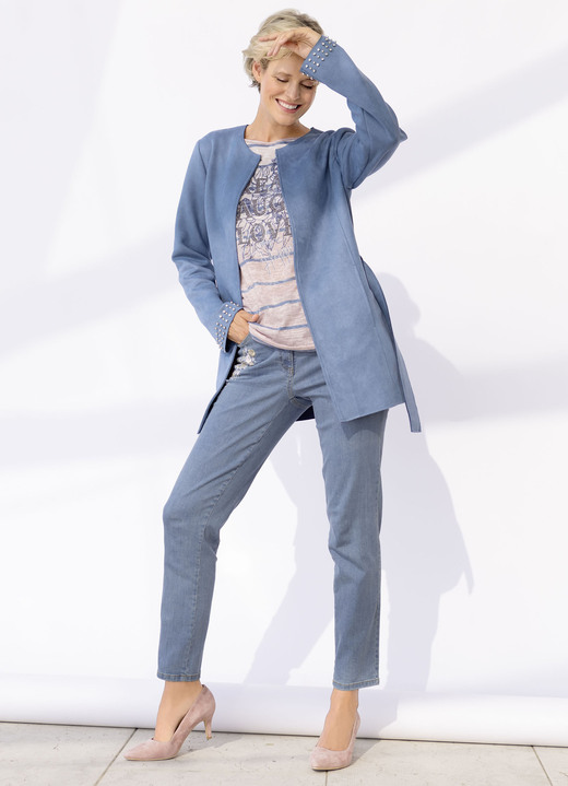 Hosen mit Knopf- und Reißverschluss - Jeans mit floraler Stickerei, in Größe 018 bis 052, in Farbe JEANSBLAU Ansicht 3