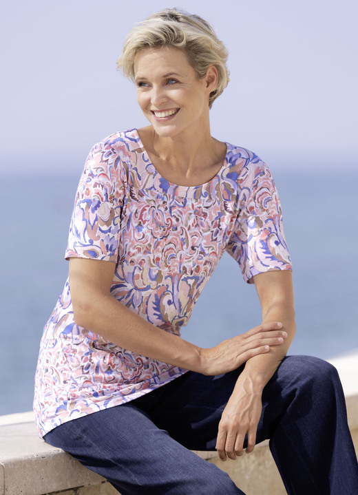 Kurzarm -  Shirt mit rundem Halsausschnitt, in Größe 038 bis 054, in Farbe ECRU-ROSÉ-BLEU Ansicht 1