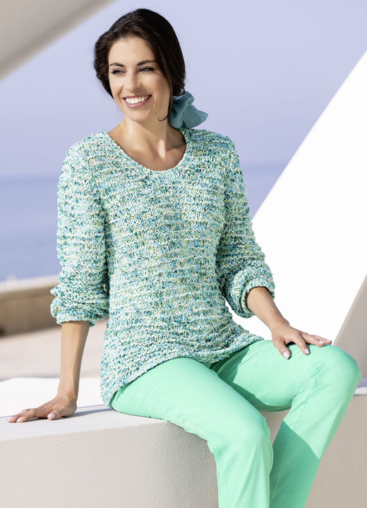 Langarm - Pullover mit hochwertigem Federeffektgarn, in Größe 036 bis 052, in Farbe AQUA-ECRU-MULTICOLOR Ansicht 2