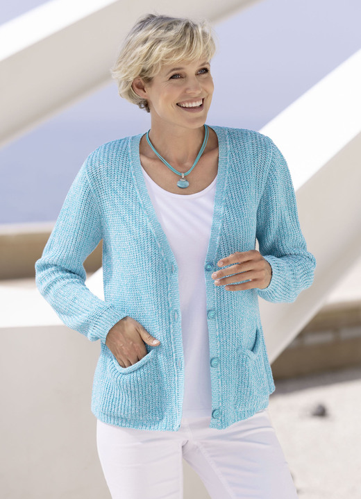 Basics - Strickjacke in Perlfang  Ansicht 2 Basics - Strickjacke in Perlfang , in Größe 036 bis 052, in Farbe AQUA MELIERT Ansicht 2