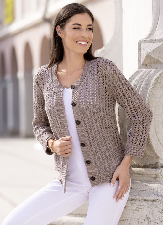 Basics - Strickjacke in Netzoptik, in Größe 038 bis 054, in Farbe TAUPE Ansicht 2