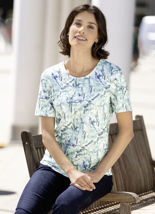 Kurzarm - Shirt mit Alloverdruck, in Größe 038 bis 054, in Farbe ECRU-MINT-BLAU