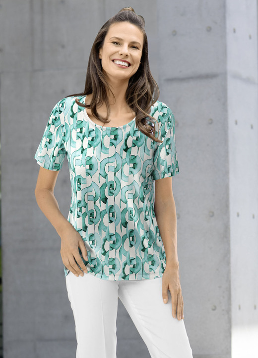 Kurzarm - Shirt mit farbbrillantem Allover-Druck, in Größe 036 bis 052, in Farbe ECRU-TÜRKIS