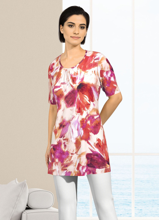 Kurzarm - Longshirt mit dezenter Kräuselung im Vorderteil, in Größe 040 bis 056, in Farbe PINK-ORANGE