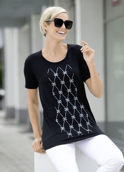 Kurzarm - Shirt mit edler Strasszier im Vorderteil, in Größe 040 bis 054, in Farbe SCHWARZ Ansicht 2