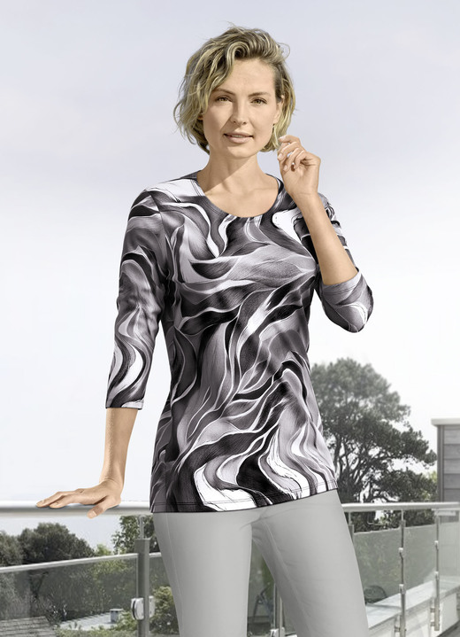 34-Arm - Shirt mit 3/4-langen Ärmeln in 4 Farben 34-Arm - Shirt mit 3/4-langen Ärmeln in 4 Farben, in Größe 036 bis 052, in Farbe SCHWARZ-HELLGRAU