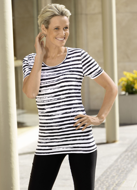 Kurzarm - Shirt mit Streifen-Dessin in 2 Farben, in Größe 036 bis 052, in Farbe KORALLE-WEISS Ansicht 5