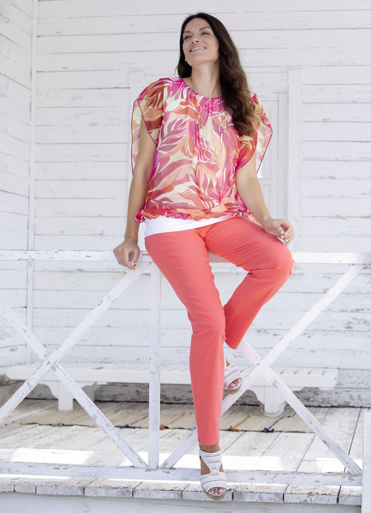 Tuniken - Poncho-Tunika mit eingearbeitetem Top, in Größe 036 bis 052, in Farbe KORALLE-WEISS-PINK-BUNT Ansicht 3