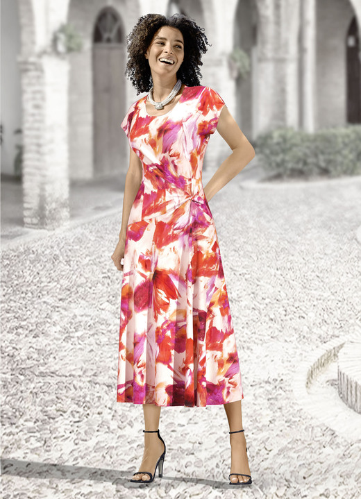 Damenmode - Kleid mit raffinierter Knotentechnik Damenmode - Kleid mit raffinierter Knotentechnik, in Größe 019 bis 054, in Farbe KORALLE-PINK-ECRU-BUNT