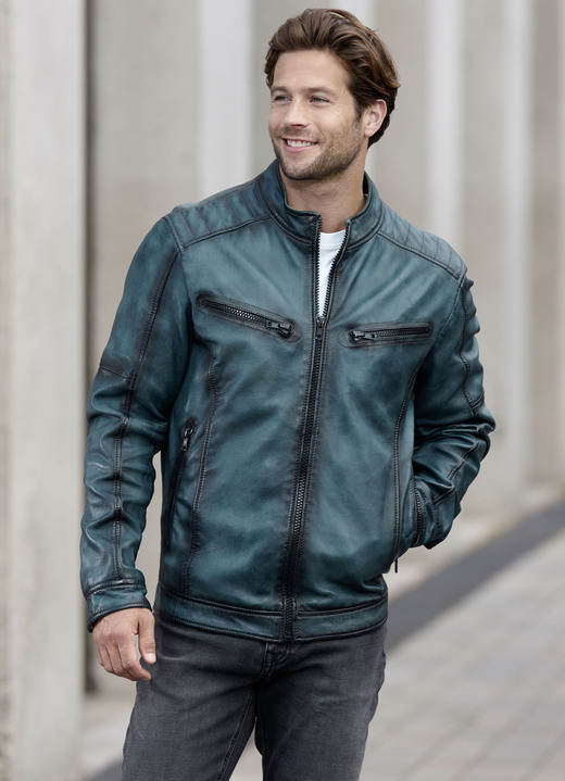 Lederjacken - Lederkurzjacke mit Zierstepp, in Größe 046 bis 062, in Farbe ANTIK PETROL Ansicht 2