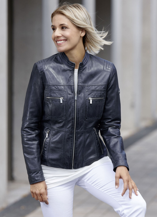 Lederkurzjacken - Lederkurzjacke von „Caminari“ Ansicht 2 Lederkurzjacken - Lederkurzjacke von „Caminari“, in Größe 036 bis 048, in Farbe ANTIK NACHTBLAU Ansicht 2