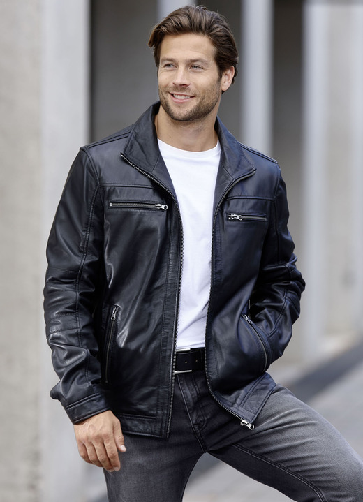 Lederjacken - Lederkurzjacke mit Innentaschen, in Größe 046 bis 062, in Farbe SCHWARZ Ansicht 2