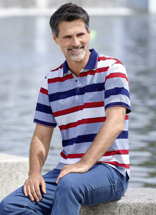 Shirts - Poloshirt mit Brusttasche, in Größe 046 bis 062, in Farbe HELLBLAU-MARINE-WEISS-ROT Ansicht 2