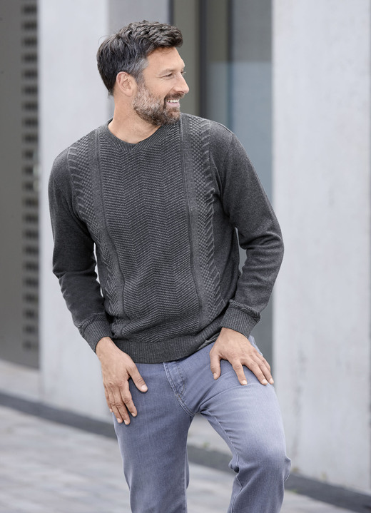 Uni - Rundhalspullover mit Strukturdessin in 2 Farben, in Größe 046 bis 062, in Farbe ANTHRAZIT-GRAU MELIERT