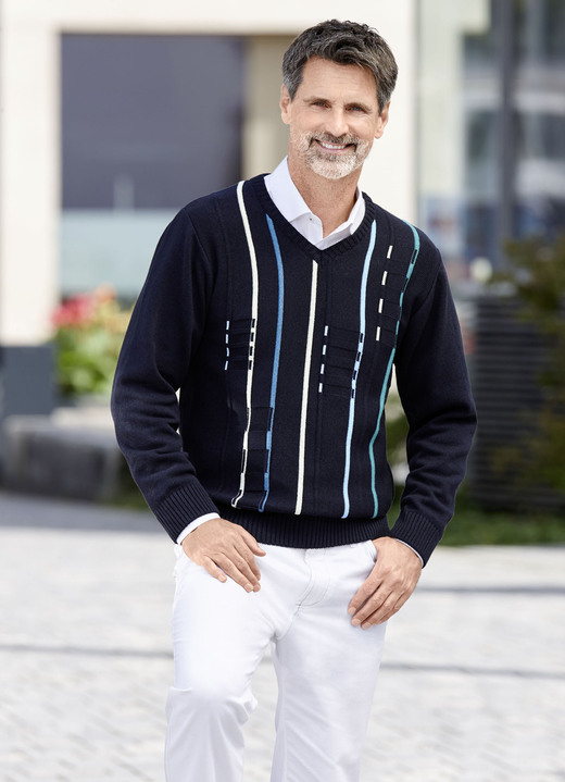 Gemustert - V-Pullover mit Strukturdessin, in Größe 046 bis 062, in Farbe HELLGRAU MELIERT Ansicht 2