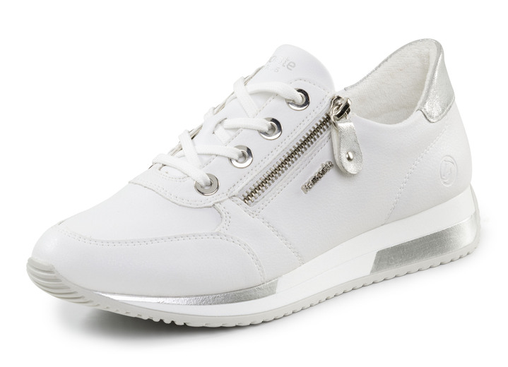 Damenmode - Remonte Schnür-Sneaker mit silberfarben schimmerndem Kontrast-Besatz, in Größe 036 bis 042, in Farbe WEISS Ansicht 1