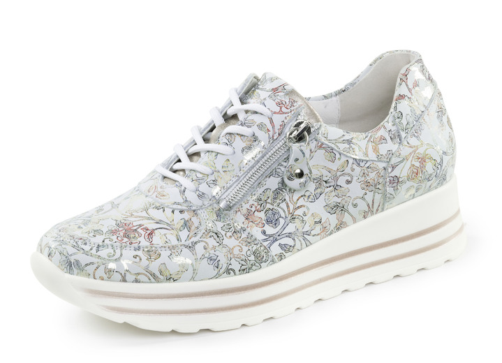 Damenmode - Waldläufer Sneaker aus floral bedrucktem Nubukleder, in Größe 3 1/2 bis 8, in Farbe EISBLAU-BUNT Ansicht 1