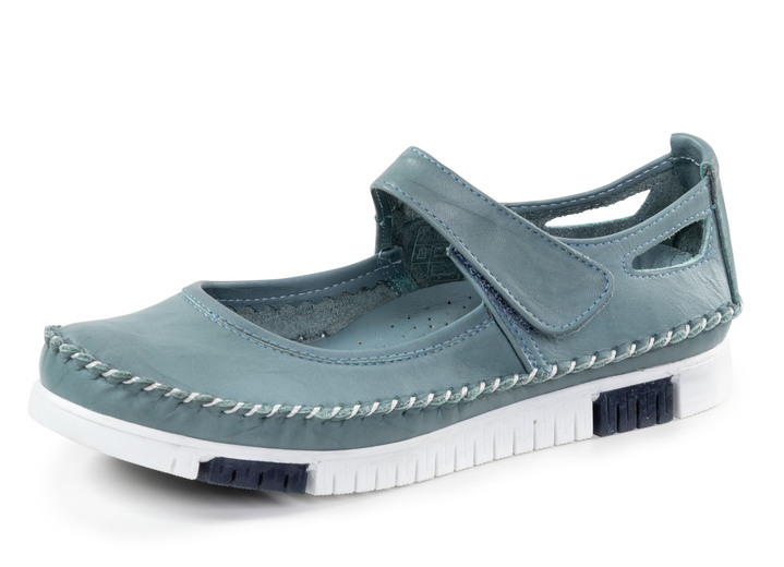 Damenmode - Gemini Mokassin-Slipper mit dezenter Knitter-Struktur, in Größe 036 bis 042, in Farbe JEANS Ansicht 1