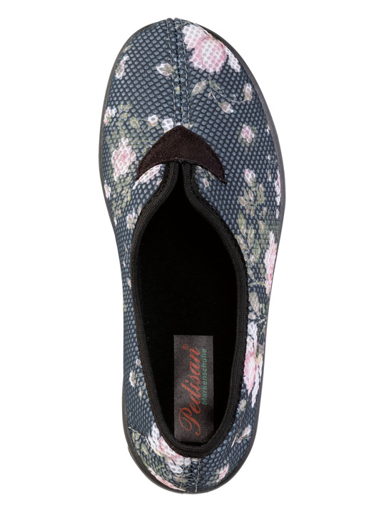 Hausschuhe - Bequeme Damen-Hausschuhe, Weite H, aus floral bedrucktem Meshmaterial, in Größe 036 bis 042, in Farbe GRAU-BUNT Ansicht 2