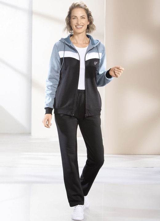 Freizeitanzüge - Freizeitanzug mit Kapuze, in Größe 019 bis 052, in Farbe SCHWARZ-JEANSBLAU MELIERT Ansicht 2