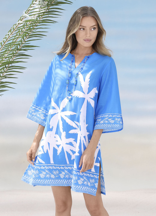 Strandkleider - Tunika mit Palmendruck, reine Baumwolle, in Größe 036 bis 056, in Farbe KORALLE-WEISS Ansicht 2