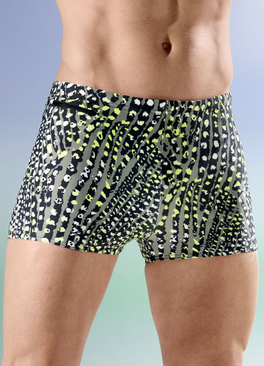 Badehosen - Badehose in höherer Kastenform, in Größe 004 bis 013, in Farbe SCHWARZ-GELB-BUNT