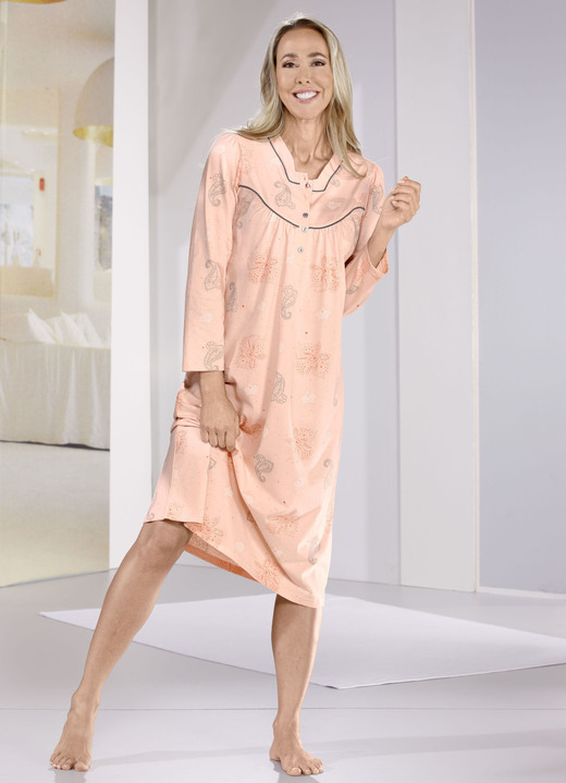 Langarm - Wadenlanges Nachthemd mit Knopfleiste und langen Ärmeln Ansicht 2 Langarm - Wadenlanges Nachthemd mit Knopfleiste und langen Ärmeln, in Größe 038 bis 060, in Farbe APRICOT-TAUPE-ORANGE-BUNT Ansicht 2