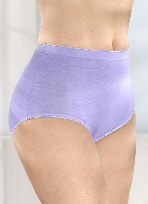 Damenmode - Fünferpack Slips mit elastischen Abschlüssen, in Größe 040 bis 058, in Farbe 3X FLIEDER, 2X WEISS Ansicht 1