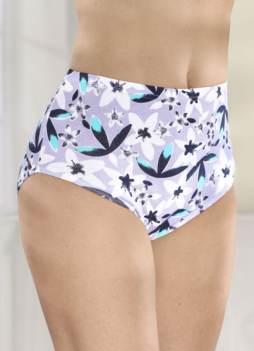 Damenmode - Viererpack Slips mit Floraldruck, in Größe 038 bis 056, in Farbe FLIEDER-WEISS-BUNT Ansicht 1