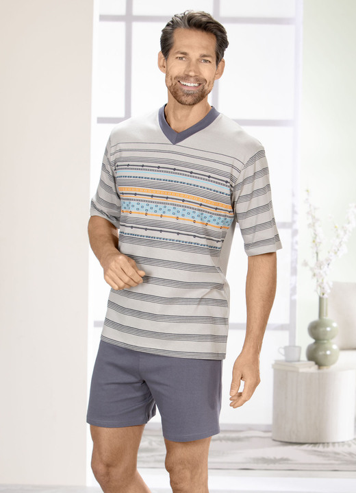 Schlafanzüge - Set: Schlafanzug und Shorty mit V-Ausschnitt Ansicht 2 Schlafanzüge - Set: Schlafanzug und Shorty mit V-Ausschnitt, in Größe 046 bis 062, in Farbe GRAU-BUNT Ansicht 2