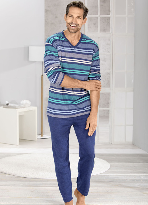 Schlafanzüge - Schlafanzug mit V-Ausschnitt und garngefärbtem Ringel, in Größe 046 bis 060, in Farbe BLAU-GRÜN-BUNT Ansicht 2