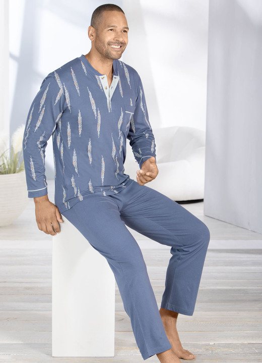 Schlafanzüge - Schlafanzug mit Knopfleiste und offenen Abschlüssen, in Größe 046 bis 066, in Farbe JEANSBLAU-BUNT Ansicht 2