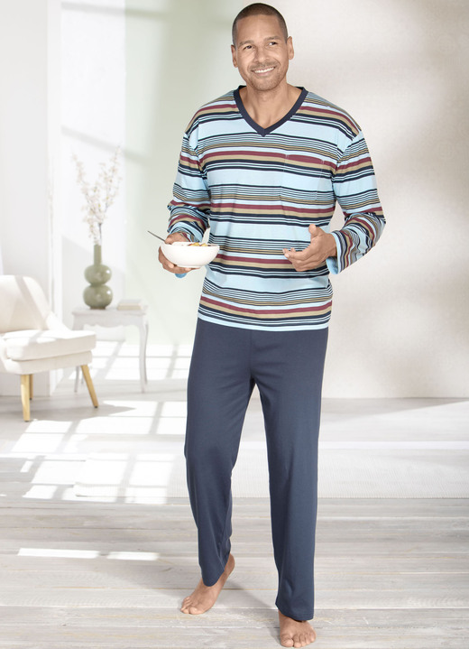 Schlafanzüge - Zweierpack Schlafanzüge mit V-Ausschnitt, in Größe 046 bis 062, in Farbe 1X HELLGRÜN-MARINE-BUNT, 1X HELLBLAU-MARINE-BUNT Ansicht 4