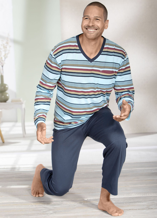 Schlafanzüge - Zweierpack Schlafanzüge mit V-Ausschnitt, in Größe 046 bis 062, in Farbe 1X HELLGRÜN-MARINE-BUNT, 1X HELLBLAU-MARINE-BUNT Ansicht 3