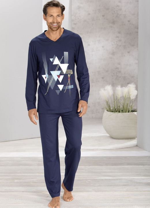 Schlafanzüge - Schlafanzug mit V-Ausschnitt und offenen Abschlüssen, in Größe 046 bis 062, in Farbe MARINE-BUNT Ansicht 2