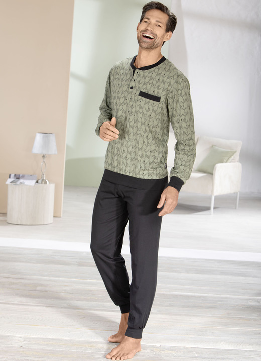 Schlafanzüge - Comte Schlafanzug mit Knopfleiste und Bündchen, in Größe 046 bis 062, in Farbe OLIV-SCHWARZ Ansicht 2