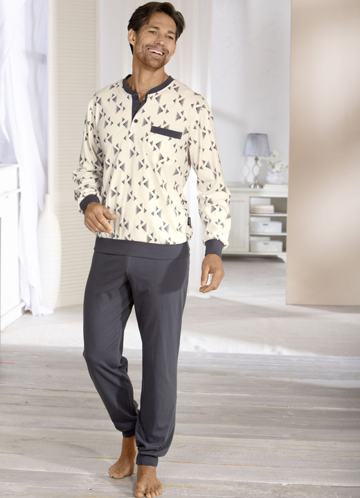 Schlafanzüge - Zweierpack Schlafanzüge mit Knopfleiste und Bündchenabschlüssen, in Größe 046 bis 062, in Farbe 1X ECRU-GRAFIT, 1X BLEU-MARINE Ansicht 2