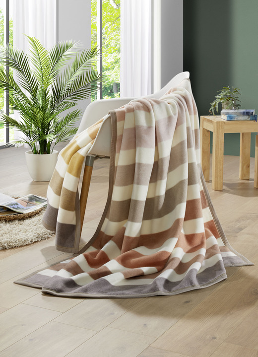 Decken - Wohndecke mit Veloursbandeinfassung, in Farbe BEIGE-BRAUN GESTREIFT