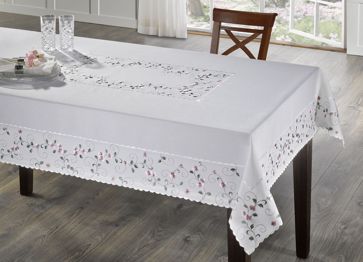 Tischdecken - Bestickte Tisch- und Raumdekoration mit Blümchen-Bordüre, in Größe 140 (Läufer, 40/ 90 cm) bis 404 (Kissenbezug, 40/ 40 cm), in Farbe WOLLWEISS-ROSA Ansicht 1