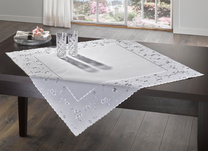 Tischdecken - Bestickte Tisch- und Raumdekoration mit Blümchen-Bordüre, in Größe 140 (Läufer, 40/ 90 cm) bis 404 (Kissenbezug, 40/ 40 cm), in Farbe WOLLWEISS-ROSA Ansicht 2